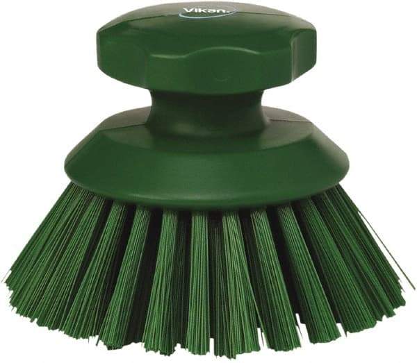 Vikan - 1-1/2" Bristle Length, Polyester Food Service Brush - 3-3/4" Long x 5" Wide Head, 5" OAL, Green, Polypropylene Block - Apex Tool & Supply
