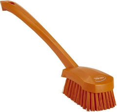 Vikan - 1.3" Bristle Length, Polyester Scrub Brush - 4" Long x 2-3/4" Wide Head, 15-3/4" OAL, Orange, Polypropylene Block - Apex Tool & Supply