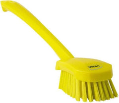 Vikan - 1.3" Bristle Length, Polyester Scrub Brush - 4" Long x 2-3/4" Wide Head, 15-3/4" OAL, Yellow, Polypropylene Block - Apex Tool & Supply