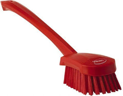 Vikan - 1.3" Bristle Length, Polyester Scrub Brush - 4" Long x 2-3/4" Wide Head, 15-3/4" OAL, Red, Polypropylene Block - Apex Tool & Supply