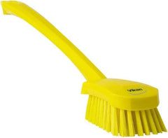 Vikan - 1.3" Bristle Length, Polyester Scrub Brush - 4" Long x 2-3/4" Wide Head, 15-3/4" OAL, Yellow, Polypropylene Block - Apex Tool & Supply