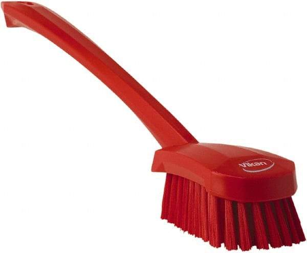 Vikan - 1.3" Bristle Length, Polyester Scrub Brush - 4" Long x 2-3/4" Wide Head, 15-3/4" OAL, Red, Polypropylene Block - Apex Tool & Supply