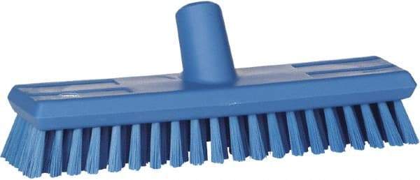 Vikan - 1.3" Bristle Length, Polyester Scrub Brush - 10-3/4" Long x 2-1/2" Wide Head, 11" OAL, European Threaded Handle, Blue, Polypropylene Block - Apex Tool & Supply