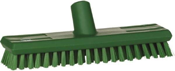 Vikan - 1" Bristle Length, Polyester Scrub Brush - 10-5/8" Long x 2-1/2" Wide Head, 11" OAL, European Threaded Handle, Green, Polypropylene Block - Apex Tool & Supply
