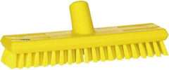 Vikan - 1" Bristle Length, Polyester Scrub Brush - 10-5/8" Long x 2-1/2" Wide Head, 11" OAL, European Threaded Handle, Yellow, Polypropylene Block - Apex Tool & Supply