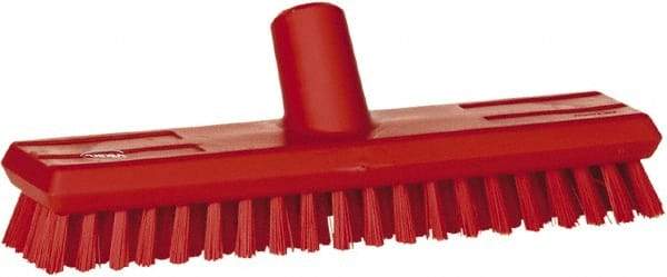 Vikan - 1" Bristle Length, Polyester Scrub Brush - 10-5/8" Long x 2-1/2" Wide Head, 11" OAL, European Threaded Handle, Red, Polypropylene Block - Apex Tool & Supply