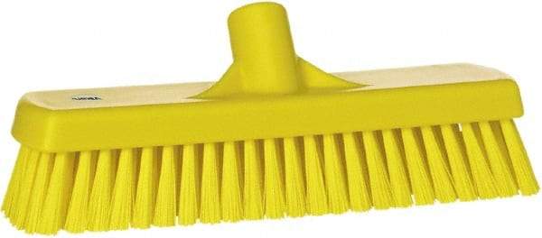 Vikan - 1.7" Bristle Length, Polyester Scrub Brush - 11-1/4" Long x 3" Wide Head, 12" OAL, European Threaded Handle, Yellow, Polypropylene Block - Apex Tool & Supply
