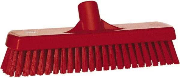 Vikan - 1.7" Bristle Length, Polyester Scrub Brush - 11-1/4" Long x 3" Wide Head, 12" OAL, European Threaded Handle, Red, Polypropylene Block - Apex Tool & Supply