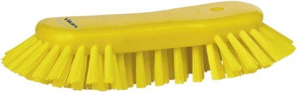 Vikan - 1.3" Bristle Length, Polyester Utility Scrub Brush - 7-3/4" Long x 3" Wide Head, 8" OAL, European Threaded Handle, Yellow, Polypropylene Block - Apex Tool & Supply