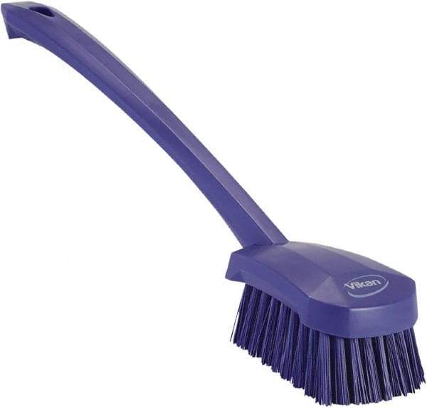 Vikan - 1.3" Bristle Length, Polyester Scrub Brush - 4" Long x 2-3/4" Wide Head, 15-3/4" OAL, Purple, Polypropylene Block - Apex Tool & Supply