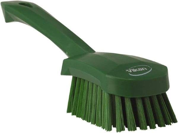 Vikan - 1.3" Bristle Length, Polyester Scrub Brush - 4-1/4" Long x 2-3/4" Wide Head, 10" OAL, Green, Polypropylene Block - Apex Tool & Supply