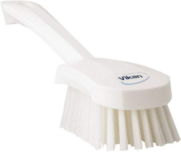 Vikan - 1.3" Bristle Length, Polyester Scrub Brush - 4-1/4" Long x 2-3/4" Wide Head, 10" OAL, White, Polypropylene Block - Apex Tool & Supply