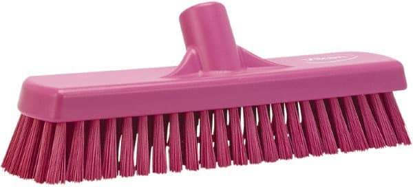 Vikan - 1.7" Bristle Length, Polyester Scrub Brush - 11-1/4" Long x 3" Wide Head, 12" OAL, European Threaded Handle, Pink, Polypropylene Block - Apex Tool & Supply