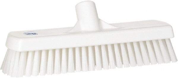 Vikan - 1.7" Bristle Length, Polyester Scrub Brush - 11-1/4" Long x 3" Wide Head, 12" OAL, European Threaded Handle, White, Polypropylene Block - Apex Tool & Supply