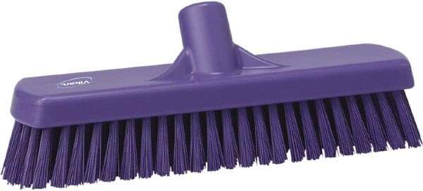 Vikan - 1.7" Bristle Length, Polyester Scrub Brush - 11-1/4" Long x 3" Wide Head, 12" OAL, European Threaded Handle, Purple, Polypropylene Block - Apex Tool & Supply