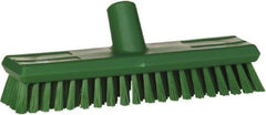 Vikan - 1.3" Bristle Length, Polyester Scrub Brush - 10-3/4" Long x 2-1/2" Wide Head, 11" OAL, European Threaded Handle, Green, Polypropylene Block - Apex Tool & Supply