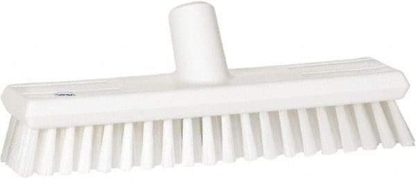 Vikan - 1.3" Bristle Length, Polyester Scrub Brush - 10-3/4" Long x 2-1/2" Wide Head, 11" OAL, European Threaded Handle, White, Polypropylene Block - Apex Tool & Supply