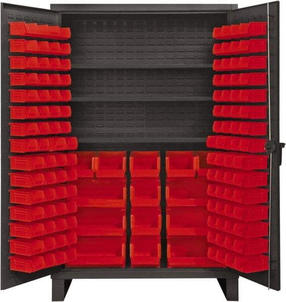Durham - 3 Shelf 134 Bin Storage Cabinet - Steel, 48" Wide x 24" Deep x 78" High, Red - Apex Tool & Supply