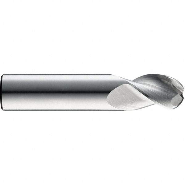 SGS - 3mm Diam, 6mm LOC, 3 Flute Solid Carbide Ball End Mill - TiB2 Finish, Single End, 57mm OAL, 3mm Shank Diam, Spiral Flute - Apex Tool & Supply