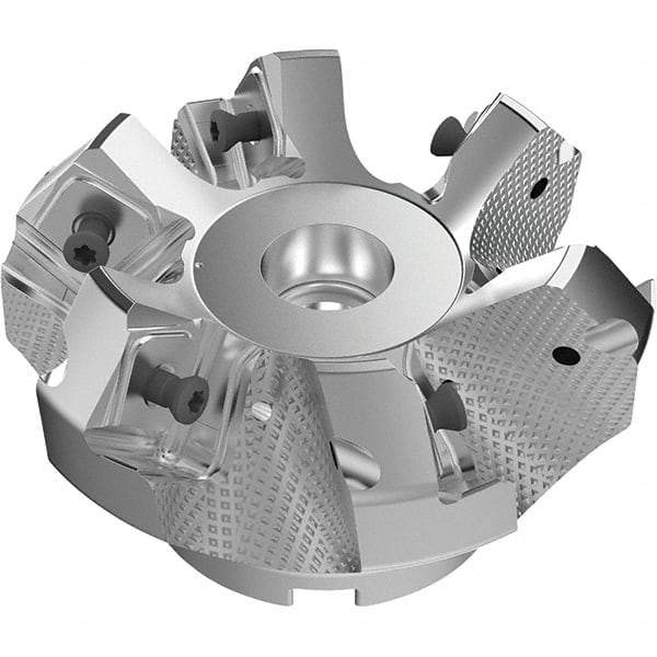 Seco - 3.15" Cut Diam, 1" Arbor Hole, 9mm Max Depth of Cut, 48° Indexable Chamfer & Angle Face Mill - 6 Inserts, Right Hand Cut, 6 Flutes, Through Coolant, Series R220.54 - Apex Tool & Supply