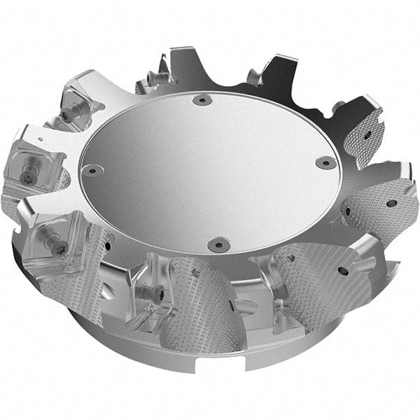 Seco - 6.3" Cut Diam, 2" Arbor Hole, 11mm Max Depth of Cut, 71° Indexable Chamfer & Angle Face Mill - 10 Inserts, Right Hand Cut, 10 Flutes, Through Coolant, Series R220.56 - Apex Tool & Supply