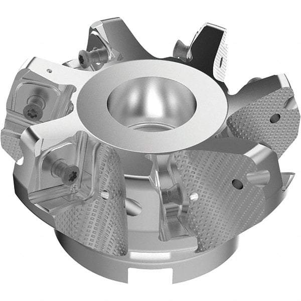 Seco - 3.94" Cut Diam, 1-1/2" Arbor Hole, 11mm Max Depth of Cut, 71° Indexable Chamfer & Angle Face Mill - 7 Inserts, Right Hand Cut, 7 Flutes, Through Coolant, Series R220.56 - Apex Tool & Supply