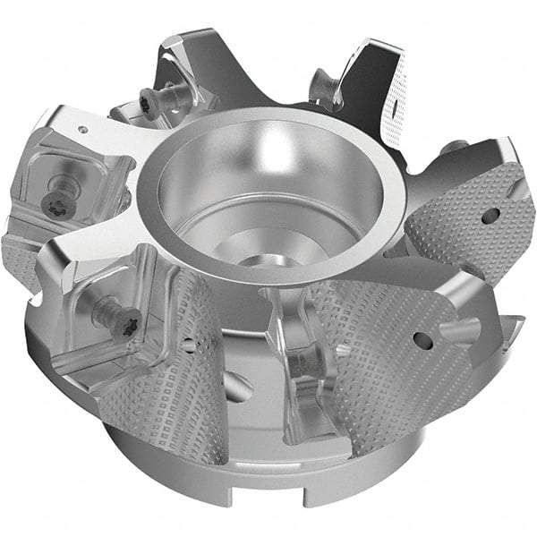 Seco - 100mm Cut Diam, 32mm Arbor Hole, 11mm Max Depth of Cut, 71° Indexable Chamfer & Angle Face Mill - 7 Inserts, 63 Insert, Right Hand Cut, 7 Flutes, Through Coolant, Series R220.56 - Apex Tool & Supply