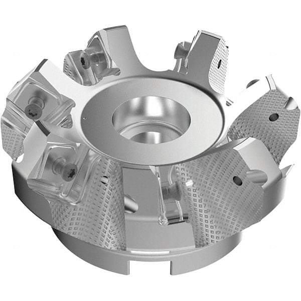 Seco - 3.94" Cut Diam, 1-1/2" Arbor Hole, 9mm Max Depth of Cut, 48° Indexable Chamfer & Angle Face Mill - 7 Inserts, Right Hand Cut, 7 Flutes, Through Coolant, Series R220.54 - Apex Tool & Supply
