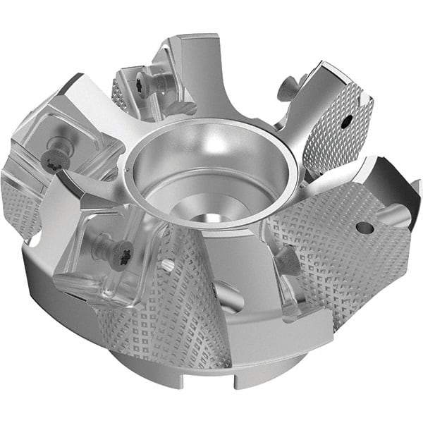 Seco - 80mm Cut Diam, 27mm Arbor Hole, 9mm Max Depth of Cut, 48° Indexable Chamfer & Angle Face Mill - 6 Inserts, 63 Insert, Right Hand Cut, 6 Flutes, Through Coolant, Series R220.54 - Apex Tool & Supply