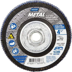Norton - 60 Grit, 4-1/2" Disc Diam, 5/8-11 Center Hole, Type 29 Zirconia Alumina Flap Disc - 13,300 Max RPM, Fiberglass Backing, Arbor Attaching System, Coated - Apex Tool & Supply
