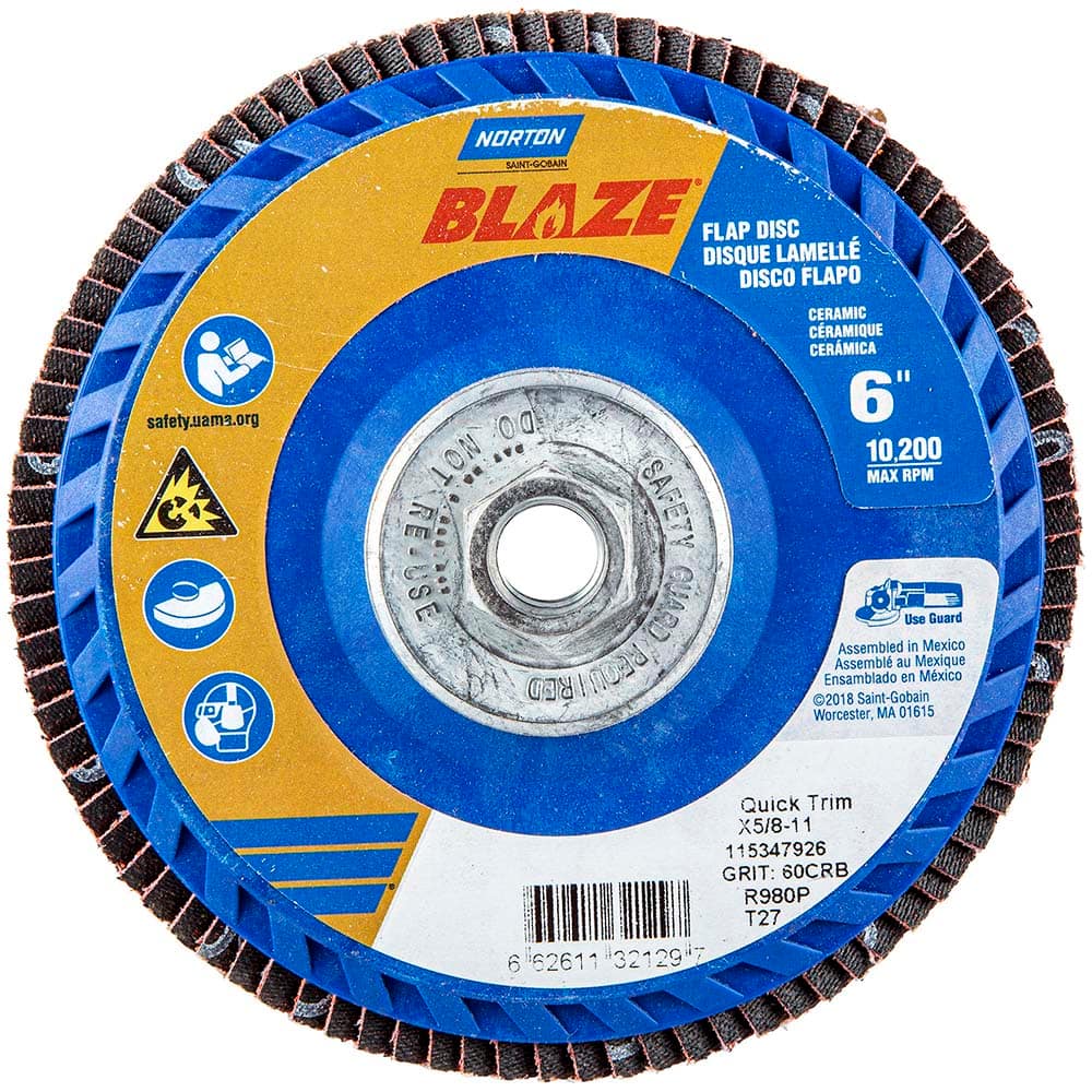 Norton - 6" 60 Grit 5/8-11 Center Hole Type 27 Ceramic Alumina Flap Disc - Apex Tool & Supply