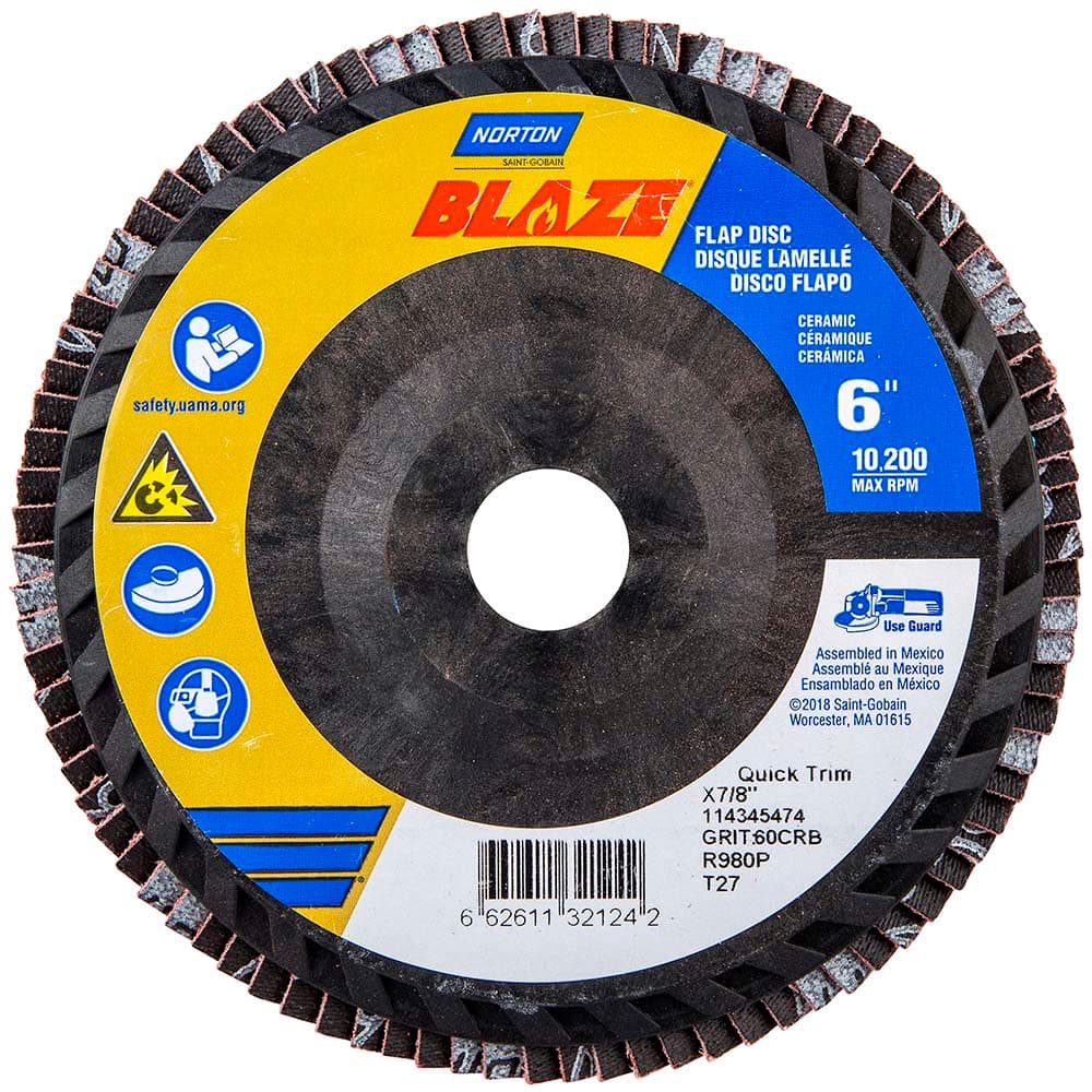 Norton - 6" 60 Grit 7/8" Center Hole Type 27 Ceramic Alumina Flap Disc - Apex Tool & Supply