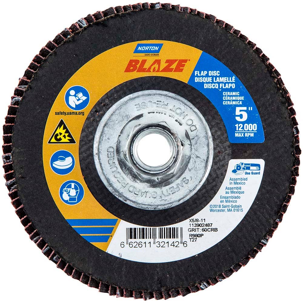 Norton - 5" 60 Grit 5/8-11 Center Hole Type 27 Ceramic Alumina Flap Disc - Apex Tool & Supply