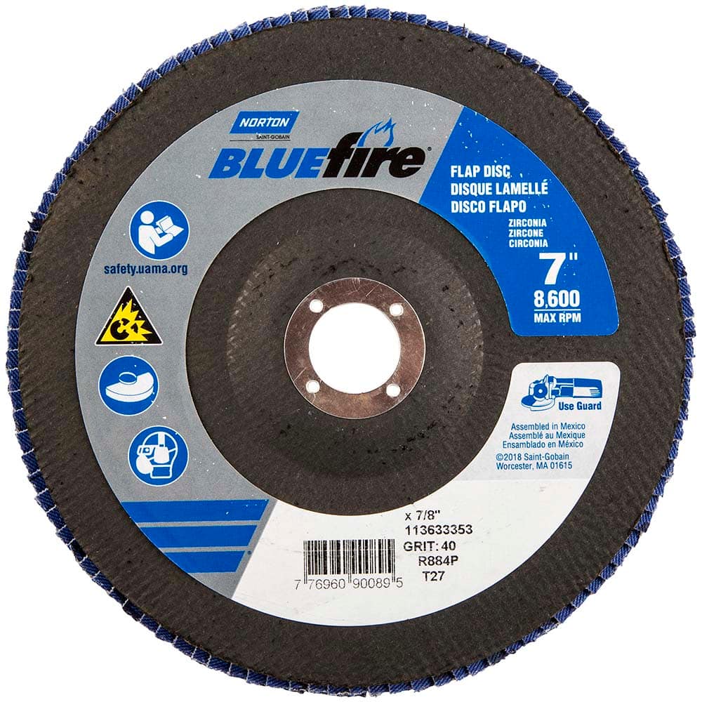 Norton - 7" 40 Grit 7/8" Center Hole Type 27 Zirconia Alumina Flap Disc - Apex Tool & Supply