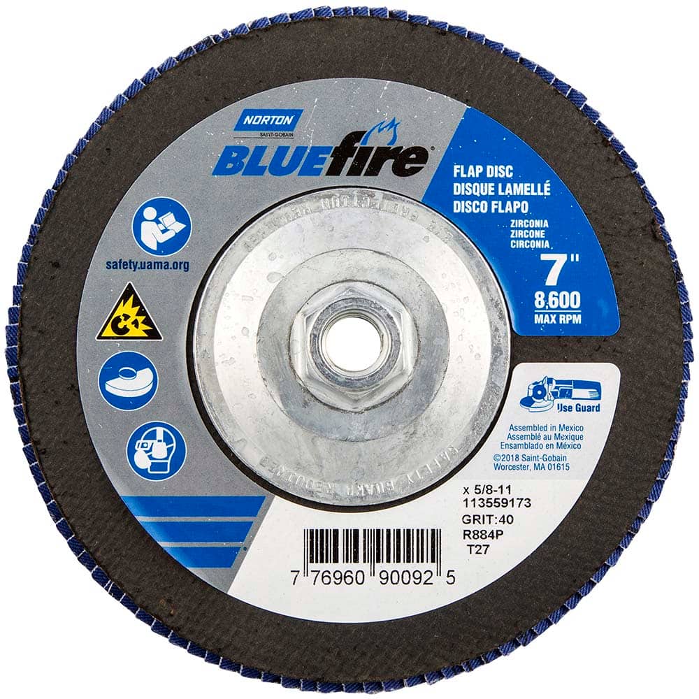 Norton - 7" 40 Grit 5/8-11 Center Hole Type 27 Zirconia Alumina Flap Disc - Apex Tool & Supply