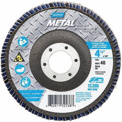 Norton - 40 Grit, 4-1/2" Disc Diam, 7/8" Center Hole, Type 29 Zirconia Alumina Flap Disc - 13,300 Max RPM, Fiberglass Backing, Arbor Attaching System, Coated - Apex Tool & Supply