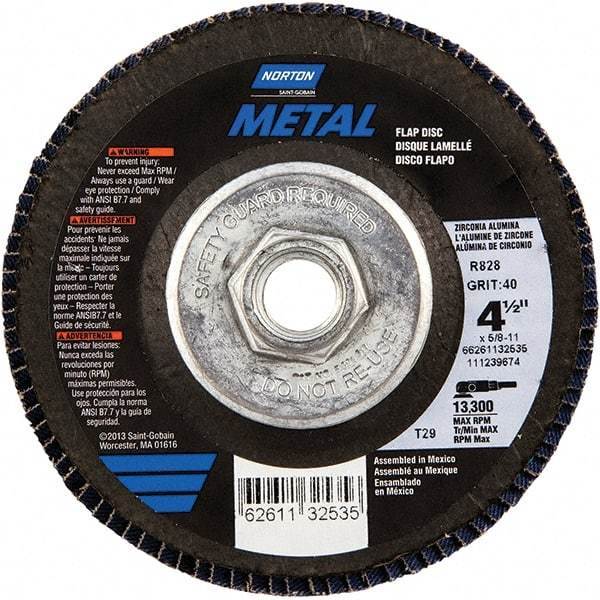 Norton - 40 Grit, 4-1/2" Disc Diam, 5/8-11 Center Hole, Type 29 Zirconia Alumina Flap Disc - 13,300 Max RPM, Fiberglass Backing, Arbor Attaching System, Coated - Apex Tool & Supply