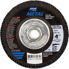 Norton - 40 Grit, 4-1/2" Disc Diam, 5/8-11 Center Hole, Type 29 Zirconia Alumina Flap Disc - 13,300 Max RPM, Fiberglass Backing, Arbor Attaching System, Coated - Apex Tool & Supply