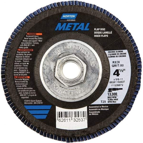 Norton - 80 Grit, 4-1/2" Disc Diam, 5/8-11 Center Hole, Type 29 Zirconia Alumina Flap Disc - 13,300 Max RPM, Fiberglass Backing, Arbor Attaching System, Coated - Apex Tool & Supply