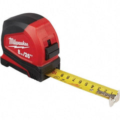 Milwaukee Tool - 26' x 1" Yellow Steel Blade Tape Measure - 1/16", 1mm & 1 cm Graduation, Inch/Metric Graduation Style, Red/Black ABS Plastic Case - Apex Tool & Supply