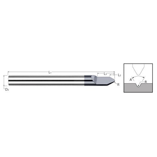 Engraving Cutters - 0.1250″ (1/8″) Shank Diameter × 0.0025″ Radius × 30° included Carbide Radius Engraver, 1 Flute, Amorphous Diamond Coated - Exact Industrial Supply