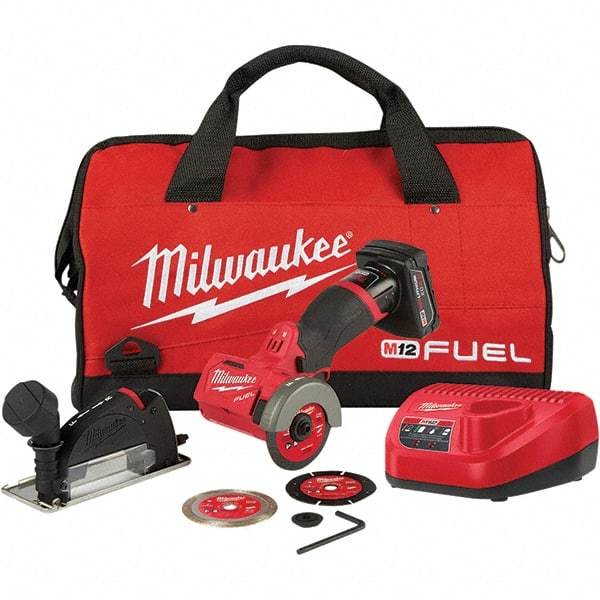Milwaukee Tool - 3" Wheel Diam, 20,000 RPM, Cordless Cutoff & Cutoff-Grinder Tool - Trigger Handle, 12 Volt, Battery Included - Apex Tool & Supply