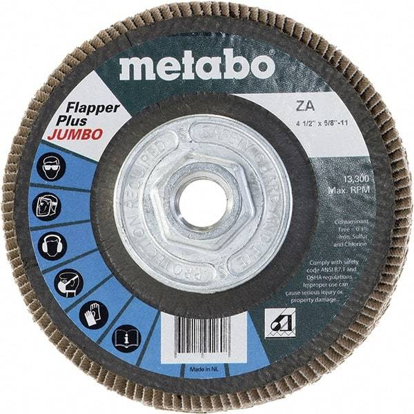 Metabo - 60 Grit, 4-1/2" Disc Diam, 5/8-11 Center Hole, Type 27 Zirconia Alumina Flap Disc - 13,300 Max RPM, Fiberglass Backing, Arbor Attaching System, Coated - Apex Tool & Supply