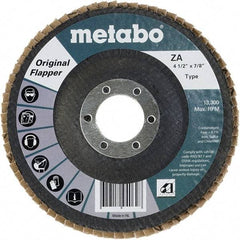 Metabo - 40 Grit, 4-1/2" Disc Diam, 7/8" Center Hole, Type 27 Zirconia Alumina Flap Disc - 13,300 Max RPM, Fiberglass Backing, Arbor Attaching System, Coated - Apex Tool & Supply