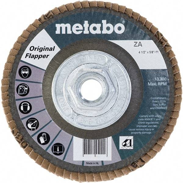 Metabo - 60 Grit, 4-1/2" Disc Diam, 5/8-11 Center Hole, Type 27 Zirconia Alumina Flap Disc - 13,300 Max RPM, Fiberglass Backing, Arbor Attaching System, Coated - Apex Tool & Supply