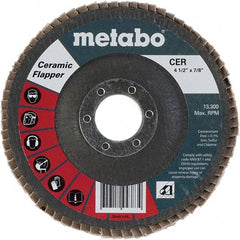 Metabo - 60 Grit, 4-1/2" Disc Diam, 7/8" Center Hole, Type 27 Ceramic Flap Disc - 13,300 Max RPM, Fiberglass Backing, Arbor Attaching System, Coated - Apex Tool & Supply