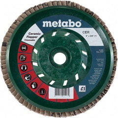 Metabo - 80 Grit, 5" Disc Diam, 5/8-11 Center Hole, Type 29 Ceramic Flap Disc - 12,200 Max RPM, Plastic Backing, Arbor Attaching System, Coated - Apex Tool & Supply