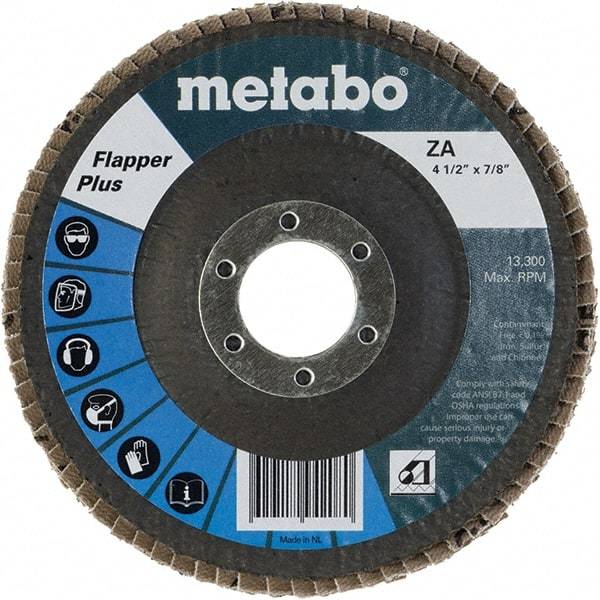 Metabo - 80 Grit, 4-1/2" Disc Diam, 7/8" Center Hole, Type 29 Zirconia Alumina Flap Disc - 13,300 Max RPM, Fiberglass Backing, Arbor Attaching System, Coated - Apex Tool & Supply