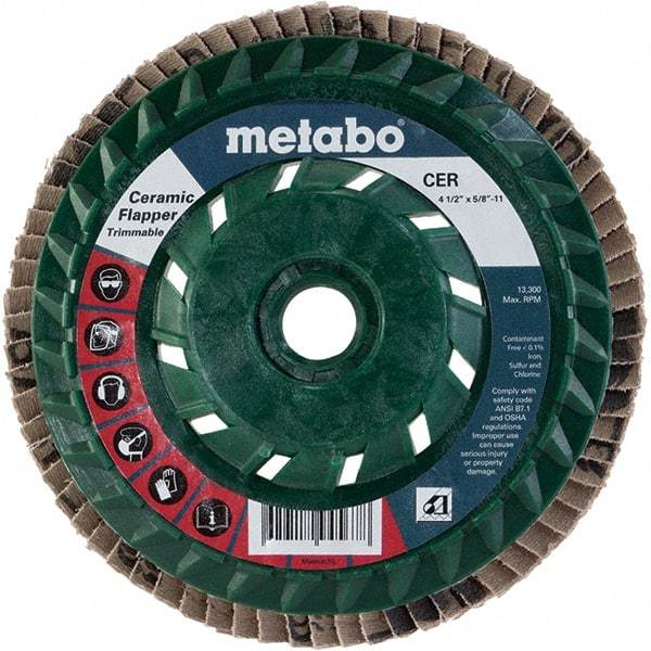 Metabo - 80 Grit, 4-1/2" Disc Diam, 5/8-11 Center Hole, Type 29 Ceramic Flap Disc - 13,300 Max RPM, Plastic Backing, Arbor Attaching System, Coated - Apex Tool & Supply