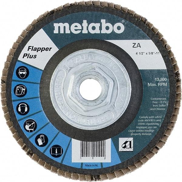 Metabo - 40 Grit, 4-1/2" Disc Diam, 5/8-11 Center Hole, Type 27 Zirconia Alumina Flap Disc - 13,300 Max RPM, Fiberglass Backing, Arbor Attaching System, Coated - Apex Tool & Supply